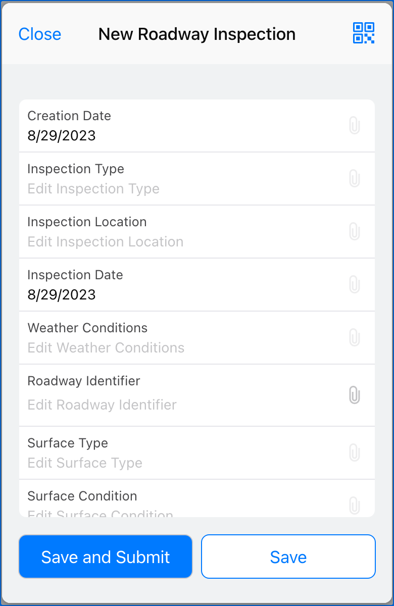 Image of a Roadway Inspection form